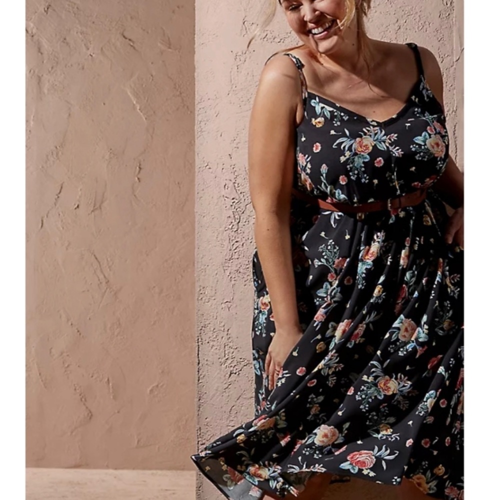 TORRID Black Floral Challis Self Tie Midi Slip Dress Plus Size 2X Y2K Vtg Fairy